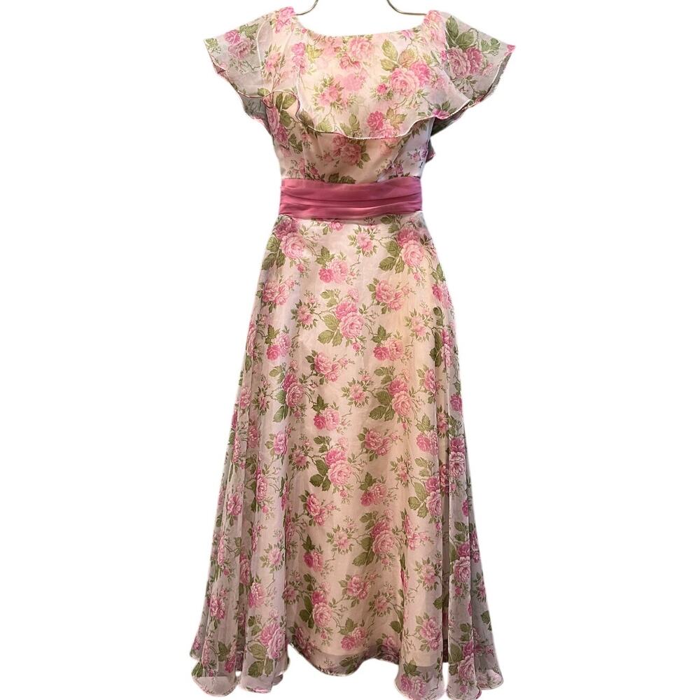 Vintage Sylvia Ann Floral Maxi Dress Pink Rose Print Flutter Sleeve